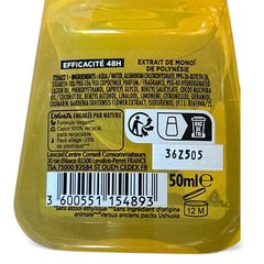 Ushuaia Roll‑on deodorant with bright yellow cap and green label, featuring Polynesian monoi oil and tiare flower extract; vegan formula with natural ingredients, 48‑hour protection, eco‑friendly packaging with 100% recycled cap and recyclable bottle.