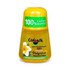 Ushuaia Roll‑on deodorant with bright yellow cap and green label, featuring Polynesian monoi oil and tiare flower extract; vegan formula with natural ingredients, 48‑hour protection, eco‑friendly packaging with 100% recycled cap and recyclable bottle.