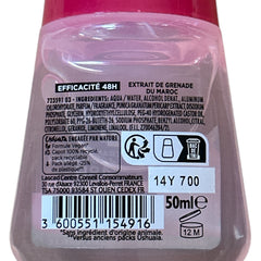 Ushuaia Roll-on deodorant with red cap and green label, featuring Moroccan pomegranate extract; eco-conscious packaging with 100% recycled cap and 48-hour protection claim, photographed to highlight natural ingredients and vibrant pink liquid.