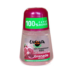 Ushuaia Roll-on deodorant with red cap and green label, featuring Moroccan pomegranate extract; eco-conscious packaging with 100% recycled cap and 48-hour protection claim, photographed to highlight natural ingredients and vibrant pink liquid.