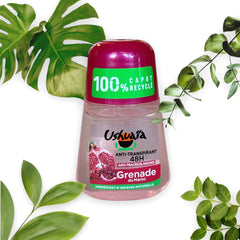 Ushuaia Roll-on deodorant with red cap and green label, featuring Moroccan pomegranate extract; eco-conscious packaging with 100% recycled cap and 48-hour protection claim, photographed to highlight natural ingredients and vibrant pink liquid.