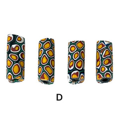 A set of vintage Venetian millefiori African trade beads in vibrant green and yellow. The tube-shaped glass beads, originating from Ghana, feature intricate floral patterns and showcase the rich history of 19th and 20th-century trade. Some beads show minor chips due to age, adding to their authentic vintage charm.
