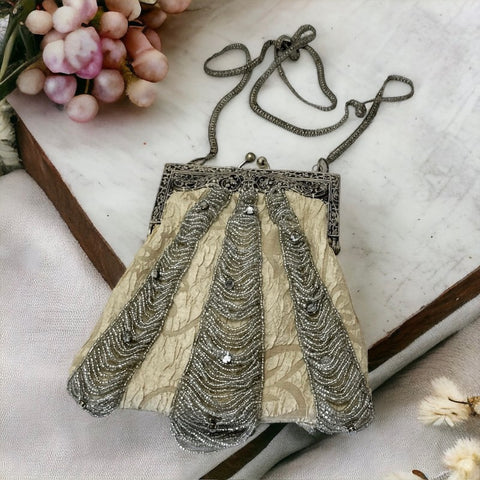 Antique 1910s/1920s Cream Silk Beaded Purse with Silver Glass Beads and Chatons Rhinestones, Ornate Filigree Frame | Evening Purse