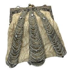 Antique 1910s/1920s Cream Silk Beaded Purse with Silver Glass Beads and Chatons Rhinestones, Ornate Filigree Frame | Evening Purse