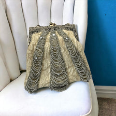 Antique 1910s/1920s Cream Silk Beaded Purse with Silver Glass Beads and Chatons Rhinestones, Ornate Filigree Frame | Evening Purse