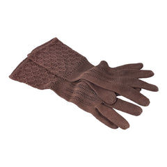 Vintage medium-length brown cotton gloves with a raised knit pattern on the arm and back of the hand, gently worn and in very good condition, laid flat to show texture and detail.