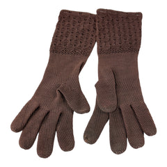 Vintage medium-length brown cotton gloves with a raised knit pattern on the arm and back of the hand, gently worn and in very good condition, laid flat to show texture and detail.