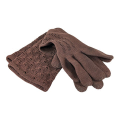 Vintage medium-length brown cotton gloves with a raised knit pattern on the arm and back of the hand, gently worn and in very good condition, laid flat to show texture and detail.