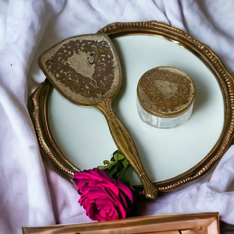 Vintage Brass Vanity Set with Mirror and Powder Jar