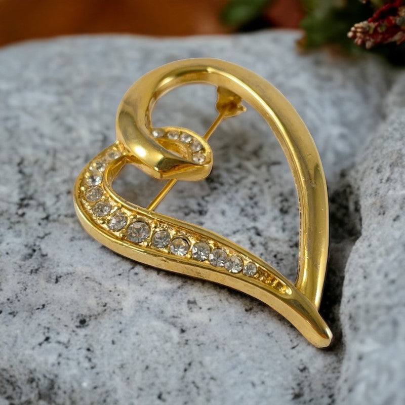 Vintage Clear Rhinestones Gold Tone Heart Brooch | Valentine's Day Love Jewelry | Romantic Gift