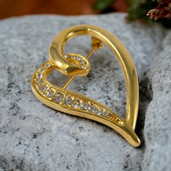 Vintage Clear Rhinestones Gold Tone Heart Brooch | Valentine's Day Love Jewelry | Romantic Gift
