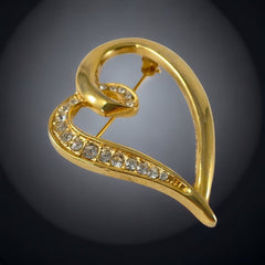 Vintage Clear Rhinestones Gold Tone Heart Brooch | Valentine's Day Love Jewelry | Romantic Gift
