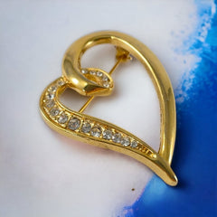 Vintage Clear Rhinestones Gold Tone Heart Brooch | Valentine's Day Love Jewelry | Romantic Gift