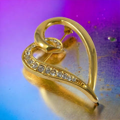 Vintage Clear Rhinestones Gold Tone Heart Brooch