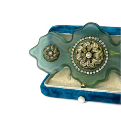 Vintage Vogue Bijoux green resin statement brooch with gold‑tone floral motifs and clear rhinestones.
