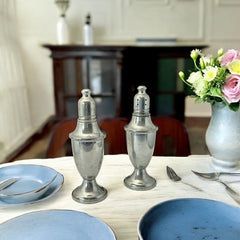 Vintage Web Pewter Salt and Pepper Shakers with Amber Glass Lining