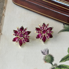 Vintage Weiss fuchsia rhinestone floral brooch and matching clip‑on earrings in light gold tone with layered petal design.