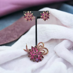 Vintage Weiss fuchsia rhinestone floral brooch and matching clip‑on earrings in light gold tone with layered petal design.