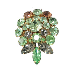 Vintage Weiss green and smoked topaz rhinestone teardrop brooch with gold‑tone setting.