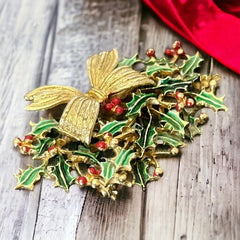 Vintage Weiss Holly and Bow Christmas Brooch | Red and Green Enamel Gold Tone Holiday Pin | Festive Holiday Jewelry