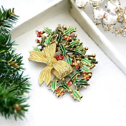 Vintage Weiss Holly and Bow Christmas Brooch | Red and Green Enamel Gold Tone Holiday Pin | Festive Holiday Jewelry