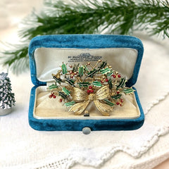 Vintage Weiss Holly and Bow Christmas Brooch | Red and Green Enamel Gold Tone Holiday Pin | Festive Holiday Jewelry