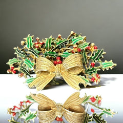 Vintage Weiss Holly and Bow Christmas Brooch | Red and Green Enamel Gold Tone Holiday Pin | Festive Holiday Jewelry