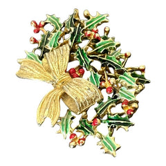 Vintage Weiss Holly and Bow Christmas Brooch | Red and Green Enamel Gold Tone Holiday Pin | Festive Holiday Jewelry