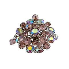 Vintage 1950s Weiss round brooch with light amethyst and amethyst AB rhinestones arranged in a layered cluster, set in rhodium‑plated metal with a dangling bead accent