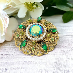 Vintage Western Germany AB Emerald Rhinestones Faux Pearls Gold Tone Filigree Brooch | Shades of Green Rhinestones Floral Brooch | Sustainable Gift Idea