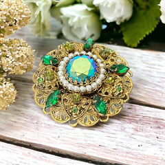 Vintage Western Germany AB Emerald Rhinestones Faux Pearls Gold Tone Filigree Brooch | Shades of Green Rhinestones Floral Brooch | Sustainable Gift Idea