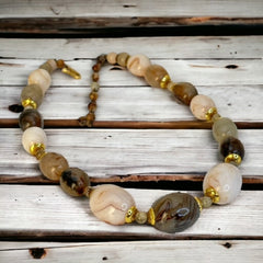 Vintage Western Germany Faux Agate Graduated Plastic Oval Beads Necklace | 1960s Cream and Beige Brown Beads Gold Tone Jewelry