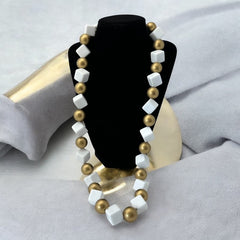 Vintage Chunky White Plastic Cubes &amp; Gold Beads Statement Long Necklace - Early 1990s