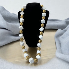 Vintage Chunky White Plastic Cubes &amp; Gold Beads Statement Long Necklace - Early 1990s