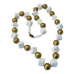 Vintage Chunky White Plastic Cubes &amp; Gold Beads Statement Long Necklace - Early 1990s