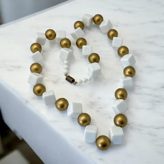 Vintage Chunky White Plastic Cubes &amp; Gold Beads Statement Long Necklace - Early 1990s