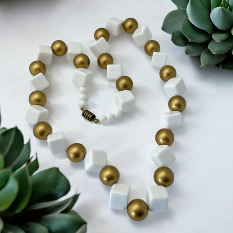 Vintage Chunky White Plastic Cubes &amp; Gold Beads Statement Long Necklace - Early 1990s