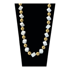 Vintage Chunky White Plastic Cubes &amp; Gold Beads Statement Long Necklace - Early 1990s