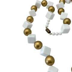 Vintage Chunky White Plastic Cubes &amp; Gold Beads Statement Long Necklace - Early 1990s