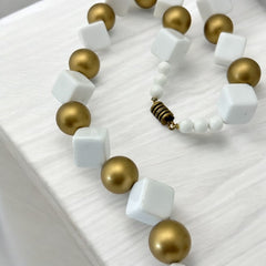 Vintage Chunky White Plastic Cubes &amp; Gold Beads Statement Long Necklace - Early 1990s