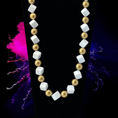 Vintage Chunky White Plastic Cubes &amp; Gold Beads Statement Long Necklace - Early 1990s