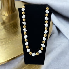 Vintage Chunky White Plastic Cubes &amp; Gold Beads Statement Long Necklace - Early 1990s