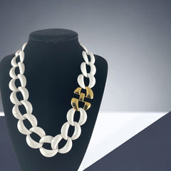 Vintage White Enamel & Gold Tone Large Links Modernist Necklace