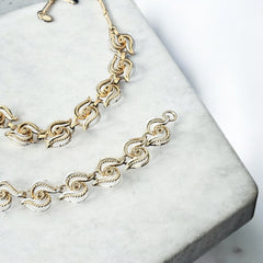 Vintage 1950s white enamel and gold-tone necklace and bracelet set with openwork textured wire design, adjustable hook clasp necklace and snap lock bracelet, in very good condition with light enamel wear.