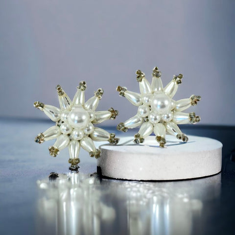 Vintage 1950s Starburst Faux Pearls Cluster Clip-On Earrings