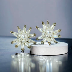 Vintage 1950s Starburst Faux Pearls Cluster Clip-On Earrings