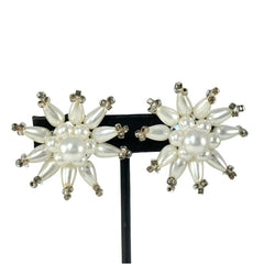 Vintage 1950s Starburst Faux Pearls Cluster Clip-On Earrings