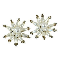 Vintage 1950s Starburst Faux Pearls Cluster Clip-On Earrings