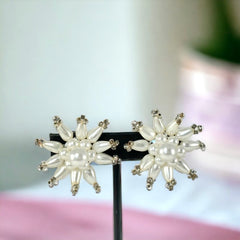 Vintage 1950s Starburst Faux Pearls Cluster Clip-On Earrings