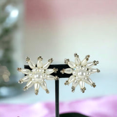 Vintage 1950s Starburst Faux Pearls Cluster Clip-On Earrings